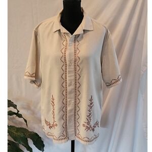 Abercrombie & Fitch Mens Medium Cream Linen Blend Embroidered Button Up Shirt
